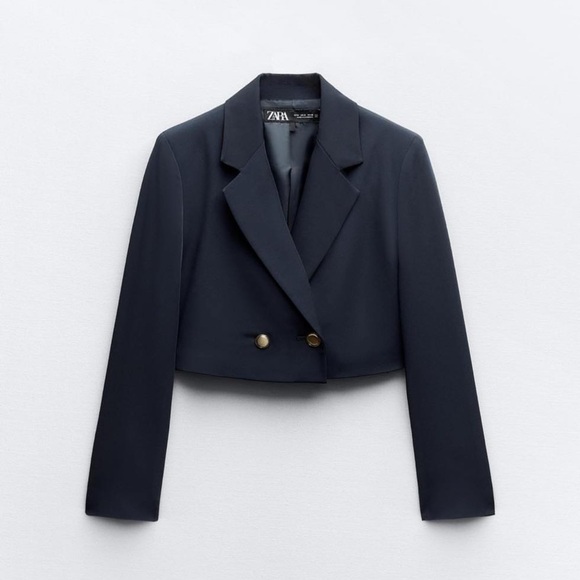 Zara Navy Blue Double Breasted Crop Blazer- XS - Picture 2 of 12